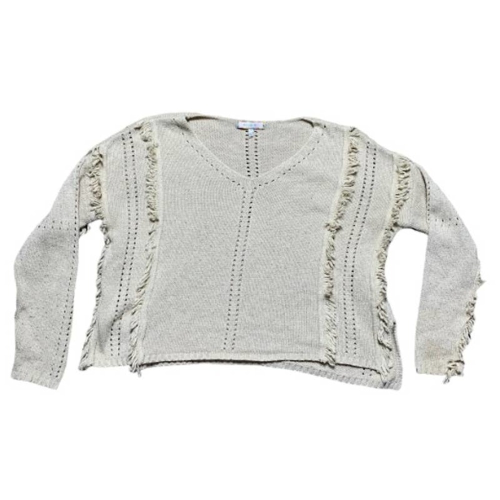 Eri Ali Womens Petite Tan Long Sleeve Fringe Boho Knit Sweater Small Petite SP